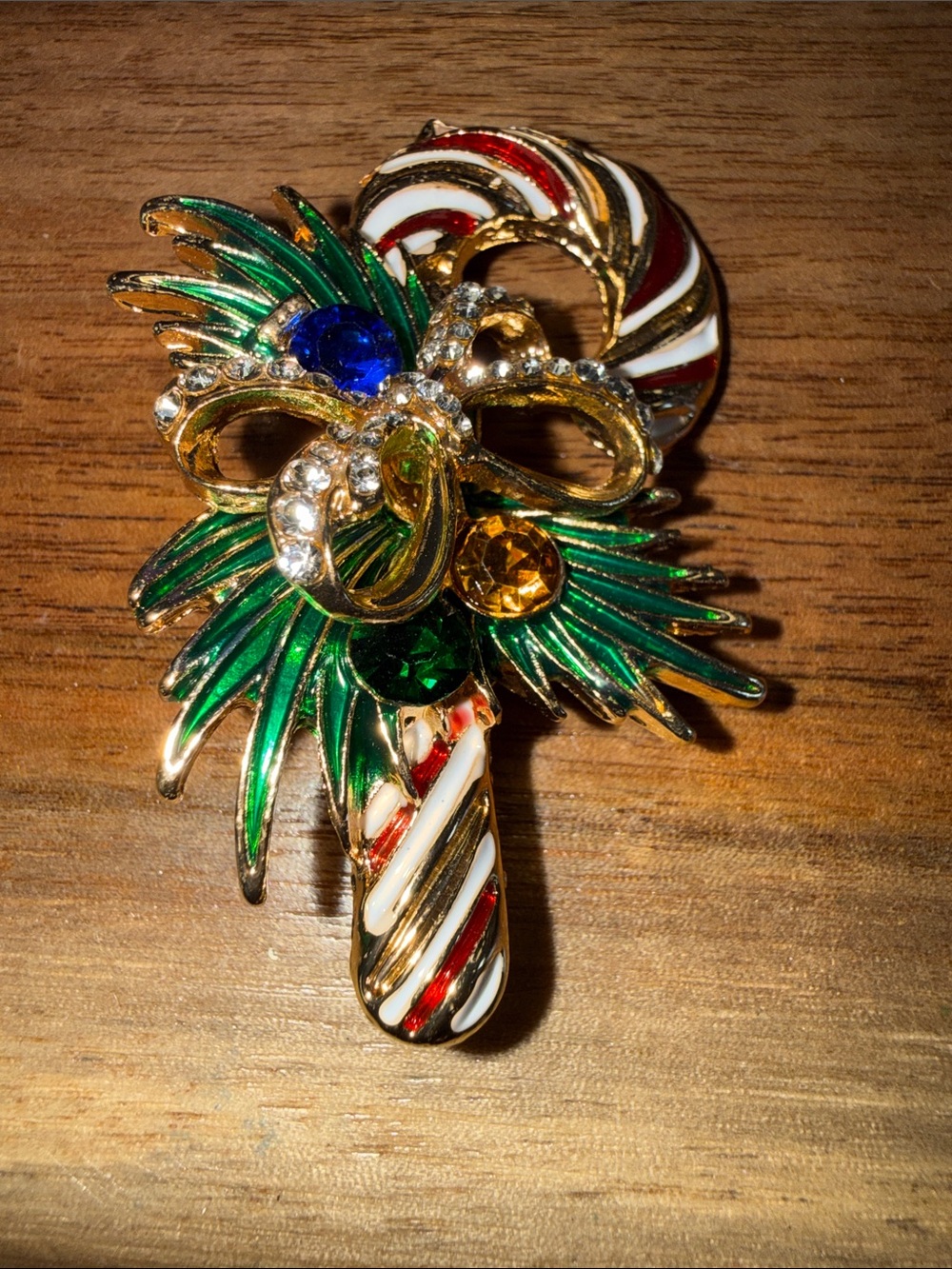 Gold-Tone Candy Cane Brooch with Green Enamel and Multicolor Crystals